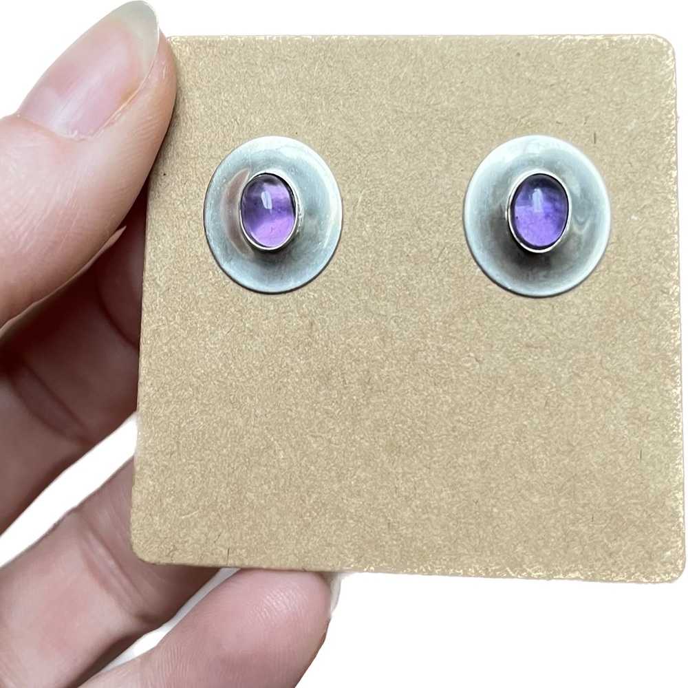 Sterling Silver AMETHYST Oval Cabochon Earrings.